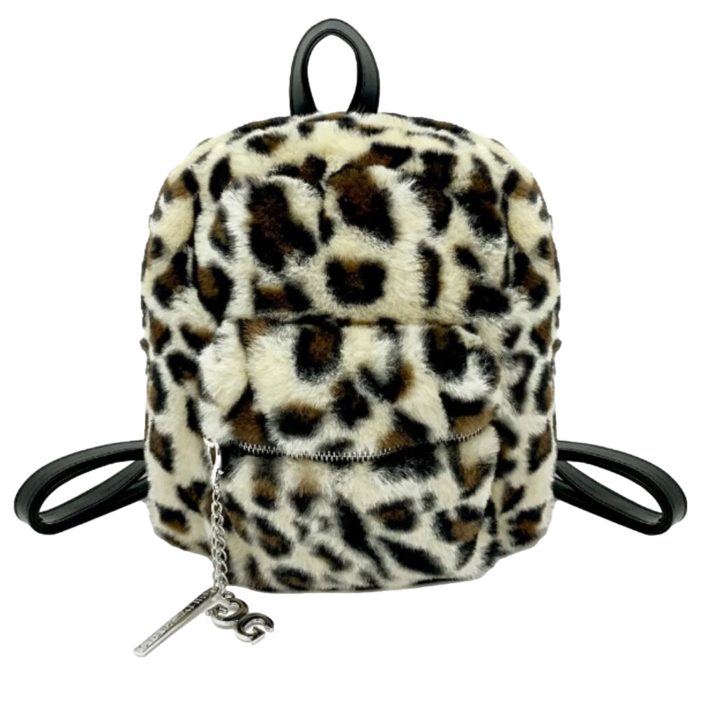 GILDA PARIS Leopard Print Faux Fur Mini Backpack with branded pendants NWT